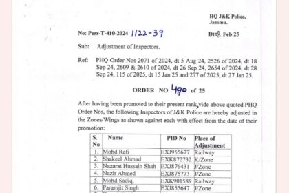 J&K Police orders adjustment of 31 Inspectors